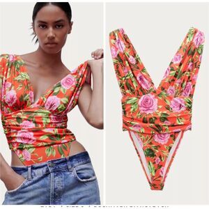 Zara Draped Red orange tropical bodysuit size small